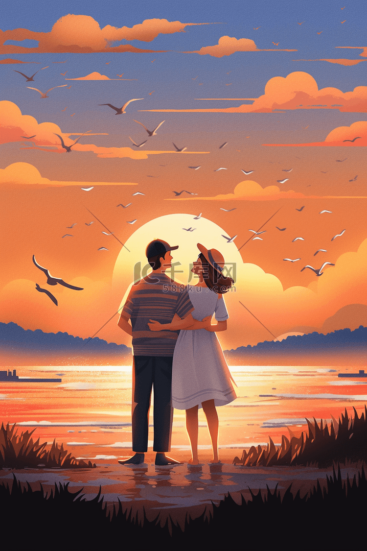 情人节海边插画情侣手绘海报