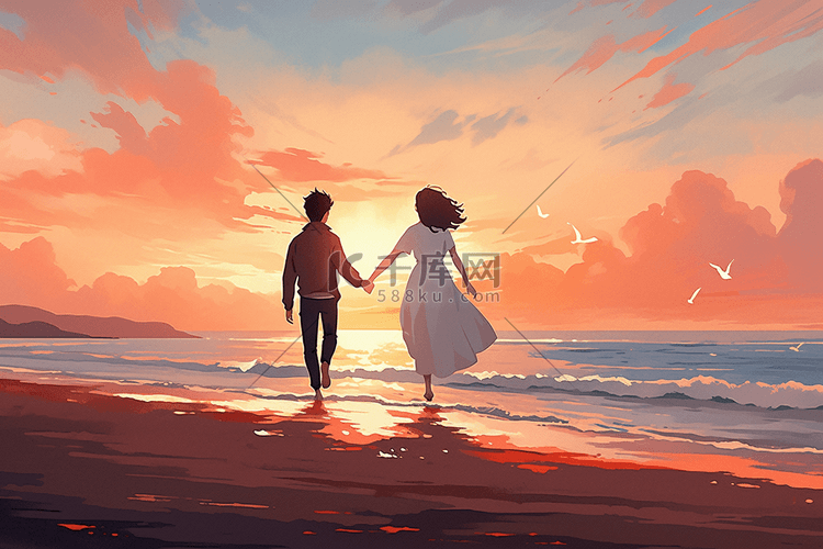情人节情侣海边散步插画手绘海报