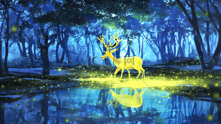 鹿森林金色黄色湖树木自然风景插画设计