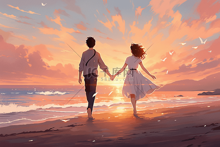 情人节海边情侣散步手绘插画海报