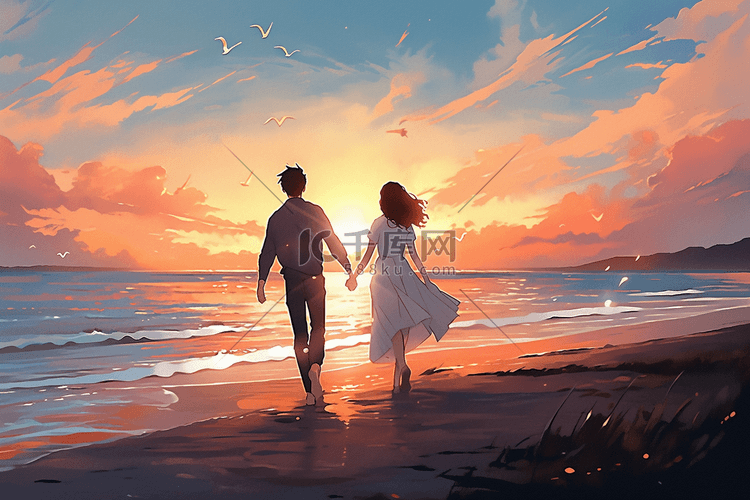 情人节情侣散步海边手绘插画海报