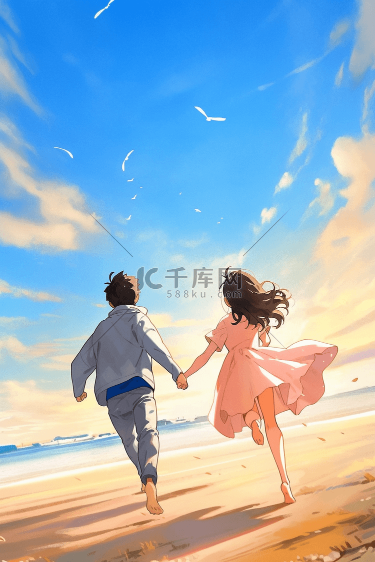 情人节散步情侣沙滩卡通手绘海报图片
