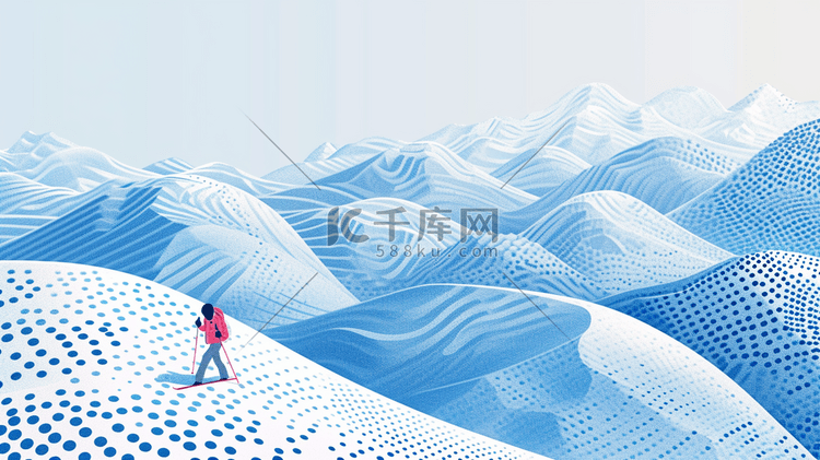 冬季大雪雪景穿红色衣服滑雪的插画10