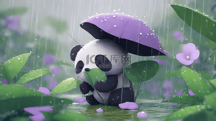 熊猫可爱自然风景卡通下雨笑矢量插画