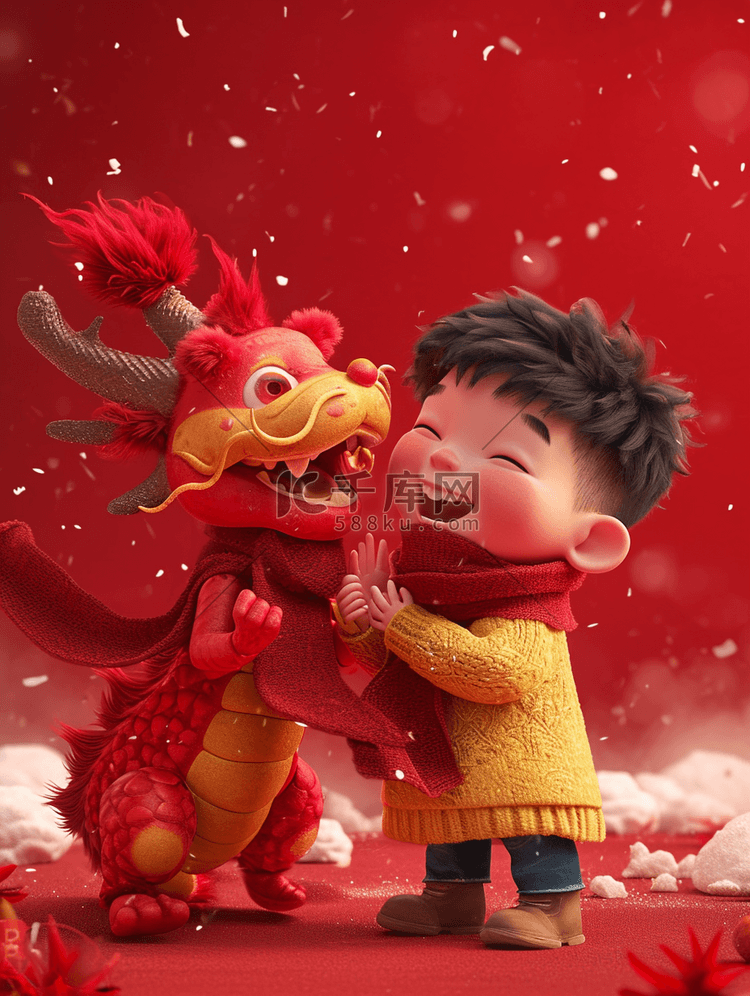 红色春节龙年孩童开心质感的插画1
