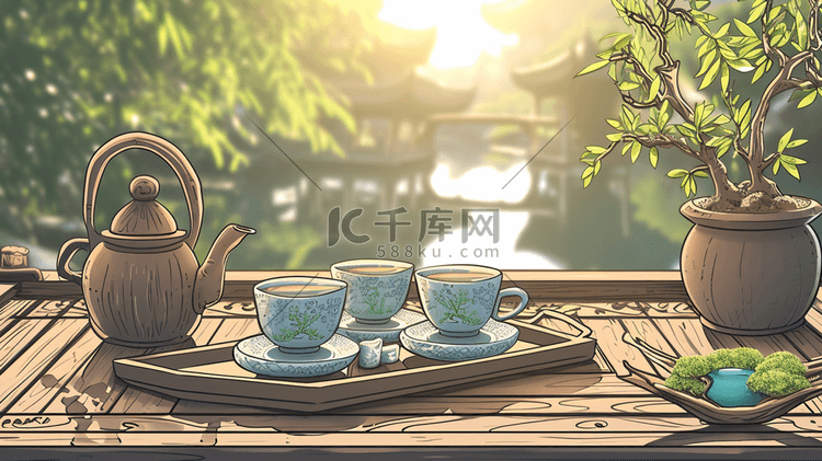 手绘中式庭院茶桌上摆放茶壶的插画3
