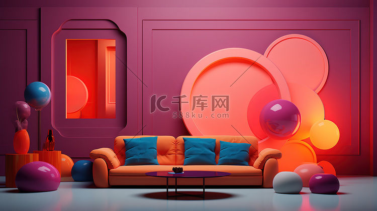 彩色的客厅3D模型原创插画
