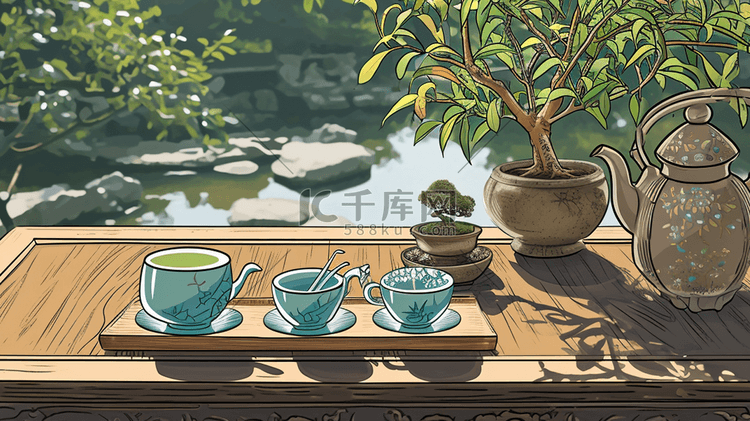 手绘中式庭院茶桌上摆放茶壶的插画15