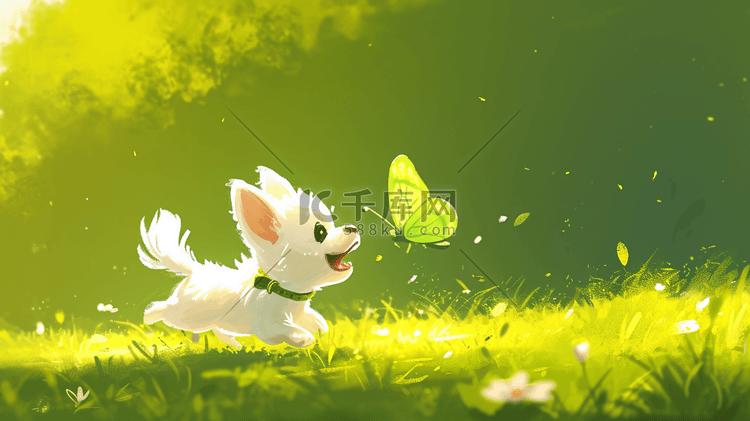 绿色草坪上小狗开心追蝴蝶的插画2