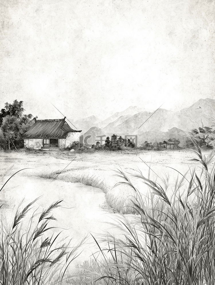 手绘素描黑白野外乡村茅屋的插画3
