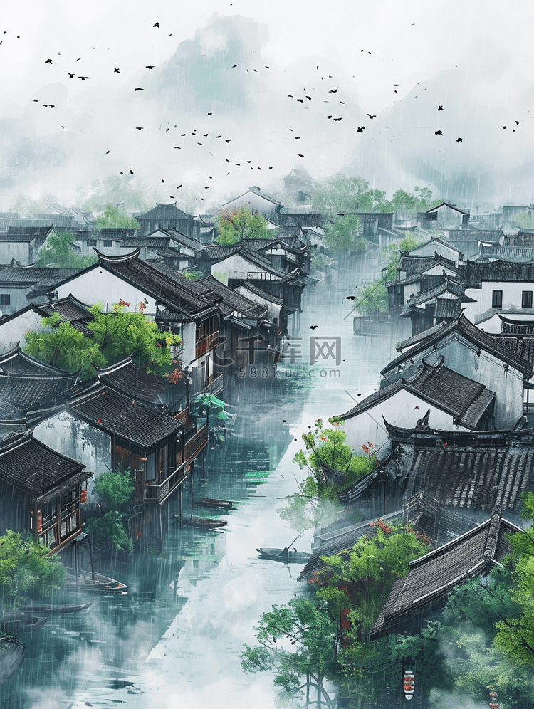 江南水乡水彩风景如画的唯美插画16