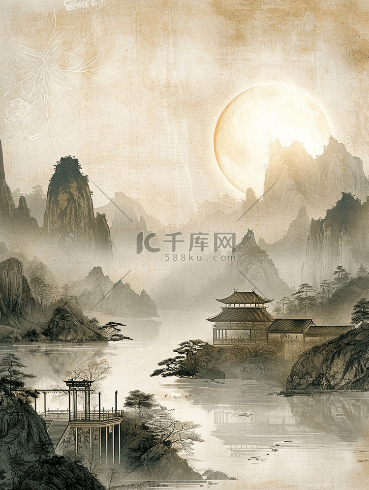 水彩国画山水风景风光简约大气插画7