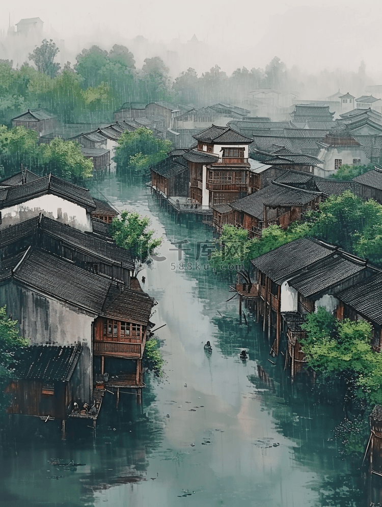 江南水乡水彩风景如画的唯美插画6