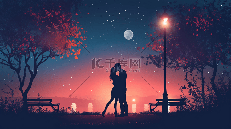 星空浪漫唯美下情侣相拥相吻的插画11