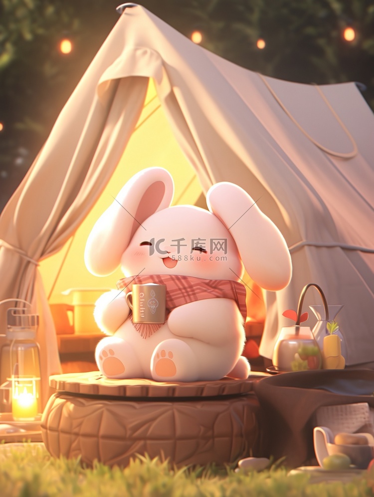 可爱的兔子帐篷春天露营矢量插画