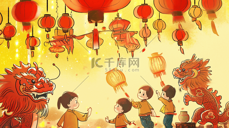 卡通中国春节龙年孩童观看舞狮的背景图4插画海报
