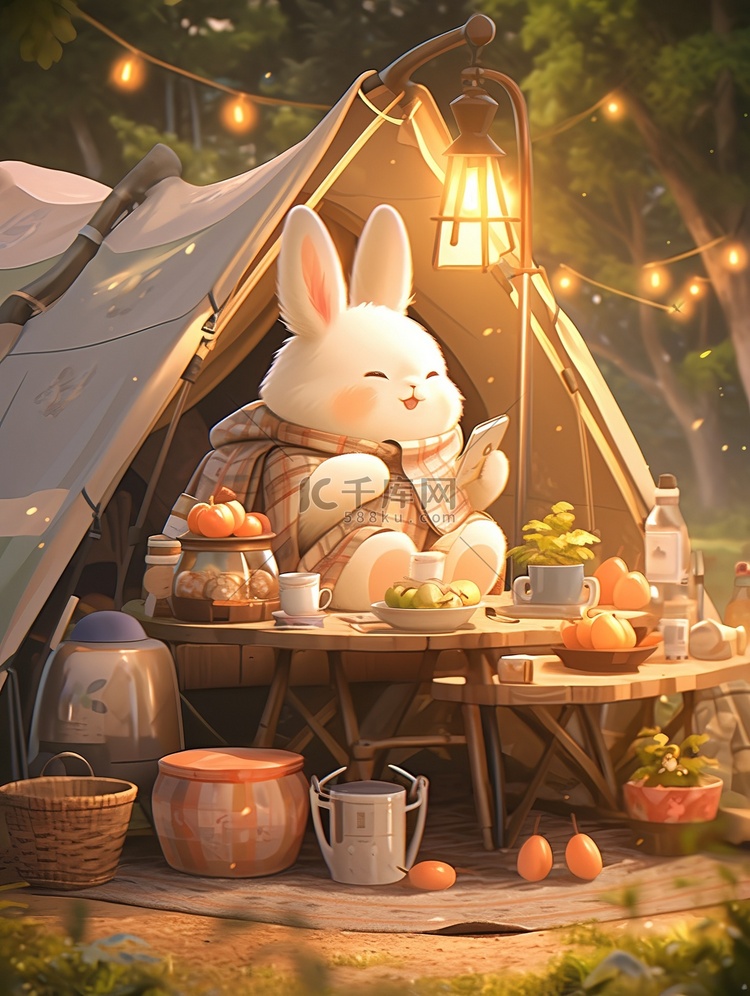 可爱的兔子帐篷春天露营素材