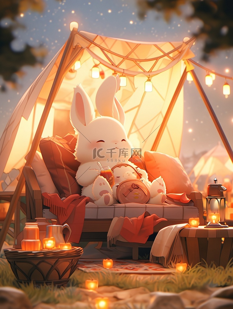 可爱的兔子帐篷春天露营插画素材