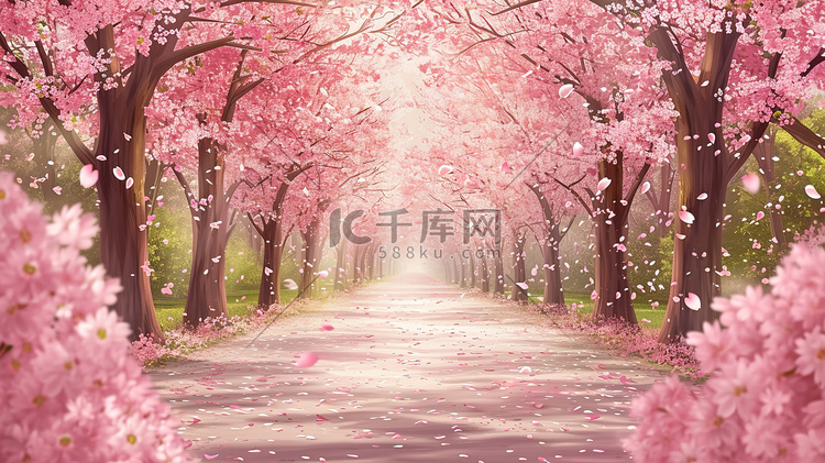 小路樱花树在春风中飘落原创插画