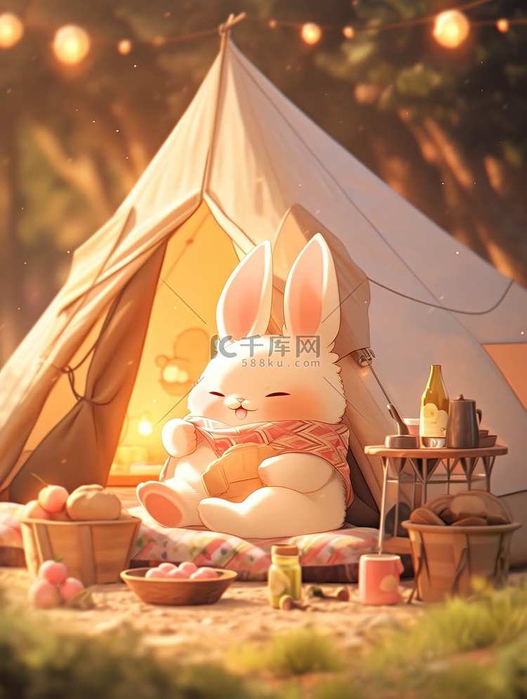 可爱的兔子帐篷春天露营原创插画