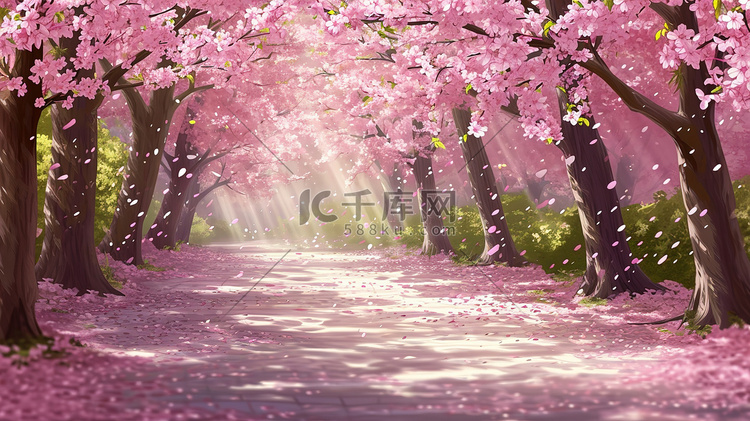 小路樱花树在春风中飘落插画设计