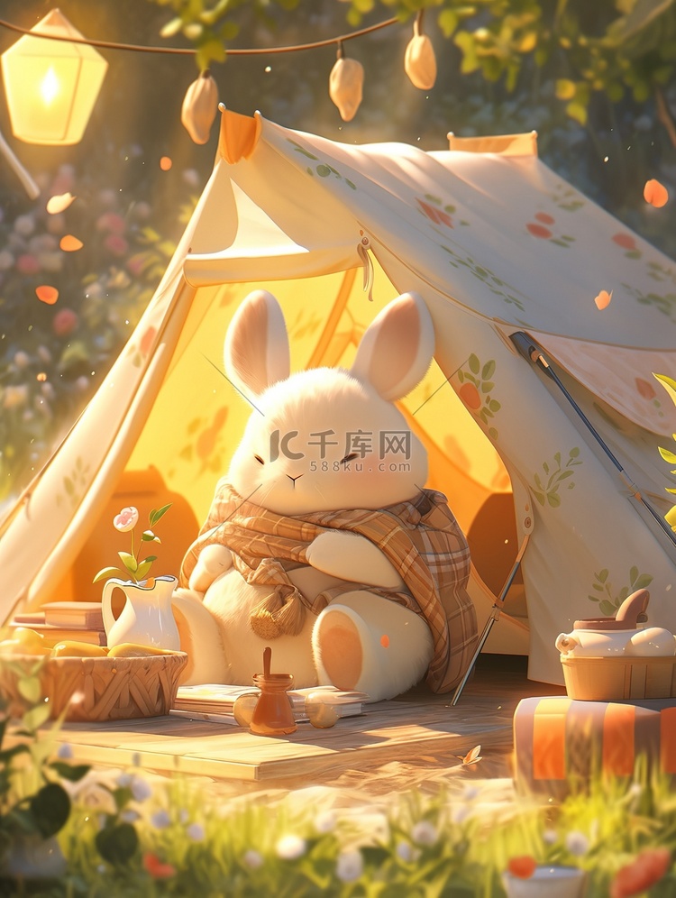 可爱的兔子帐篷春天露营插画图片
