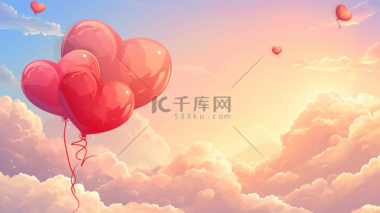蓝色天空中红色气球飞向空中的插画3