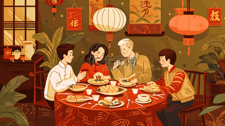 中国春节一家人吃团圆饭的插画11