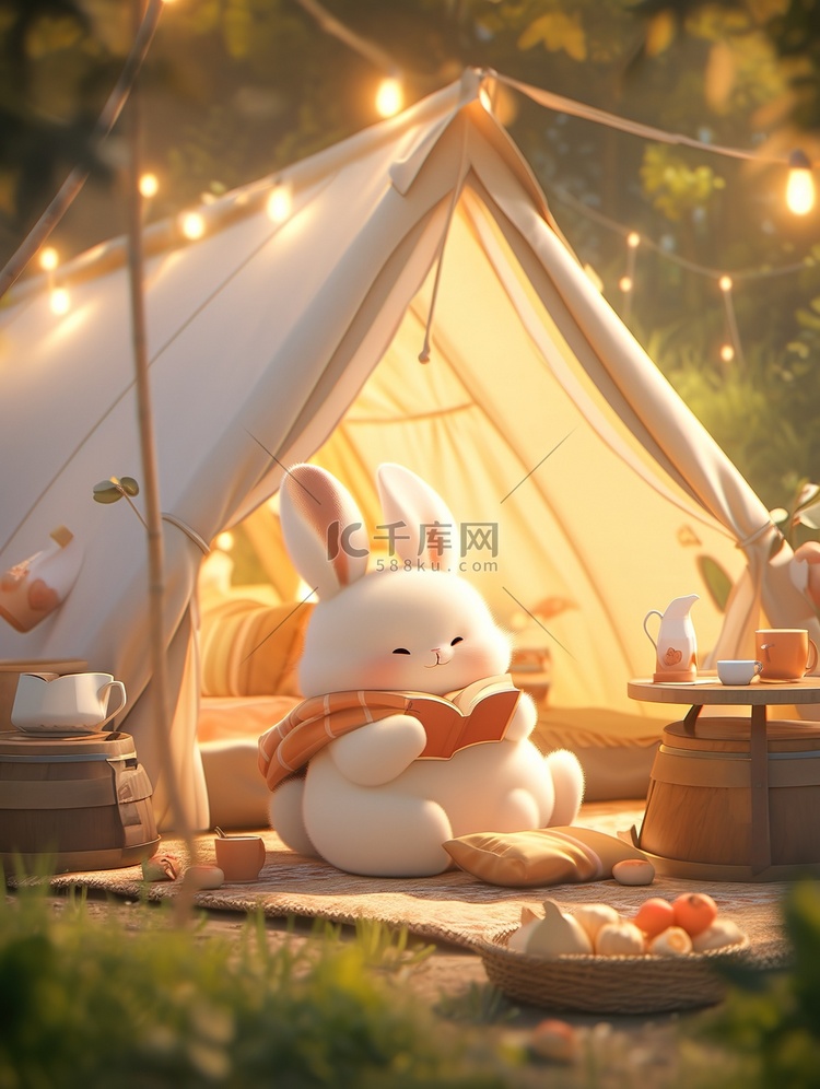 可爱的兔子帐篷春天露营矢量插画