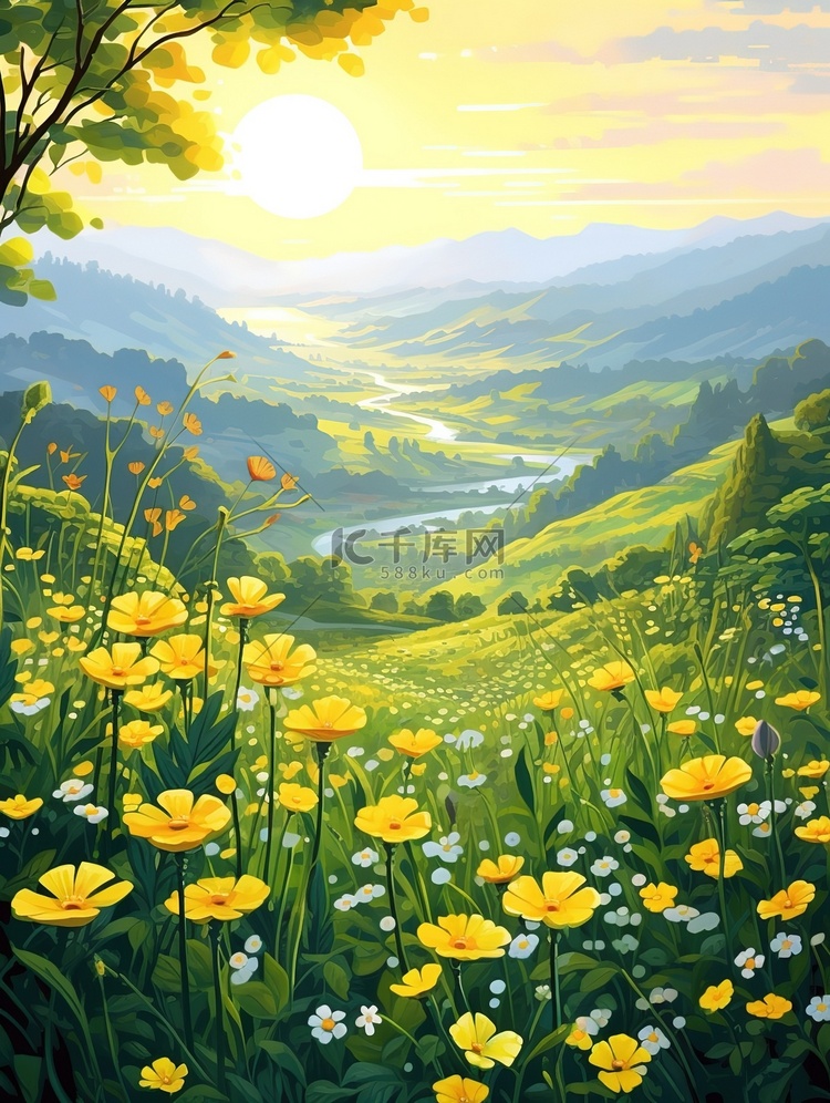 清晨的阳光照耀美丽的花海插画海报