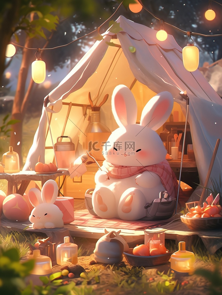 可爱的兔子帐篷春天露营图片