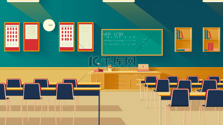 彩色平面教室桌椅讲台的插画4