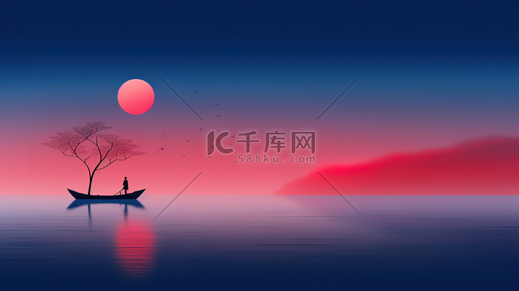 中国风山水湖泊小船蓝色渐变原创插画