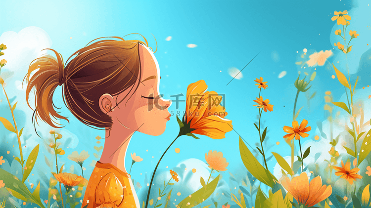 卡通手绘花丛里女孩拿着花朵的插画19