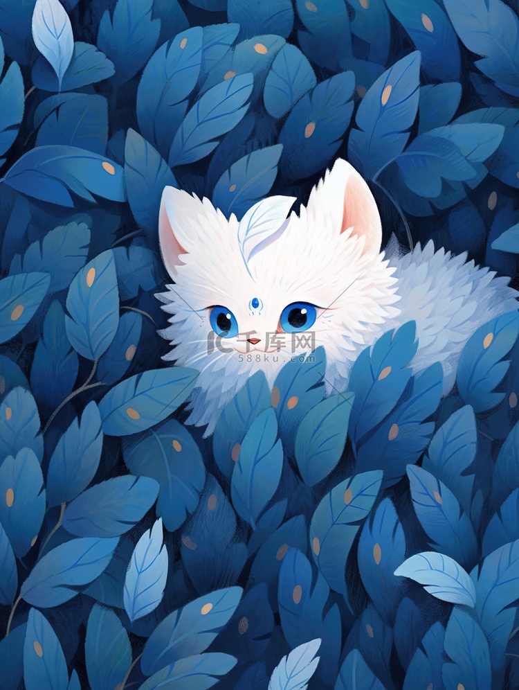 白色的猫藏蓝色的羽毛中矢量插画