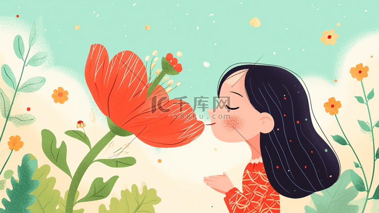 卡通手绘花丛里女孩拿着花朵的插画13