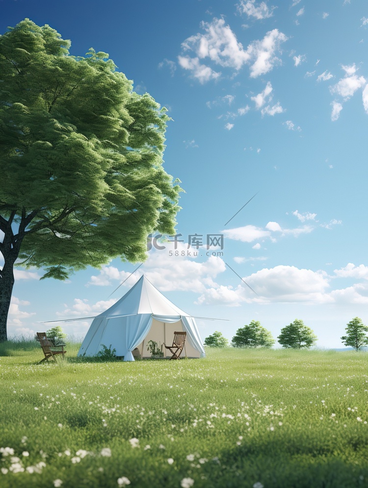 绿树绿草帐篷蓝天白云微观场景插画设计