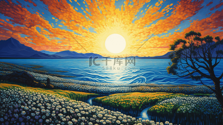 彩色水彩画河面上东方太阳升起的插画15