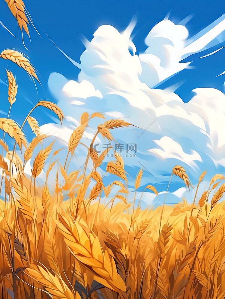 蓝天白云的映衬金色的麦浪插画素材