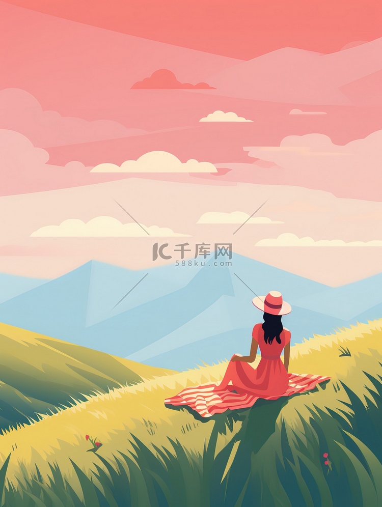 女孩在山上野餐背景矢量插画