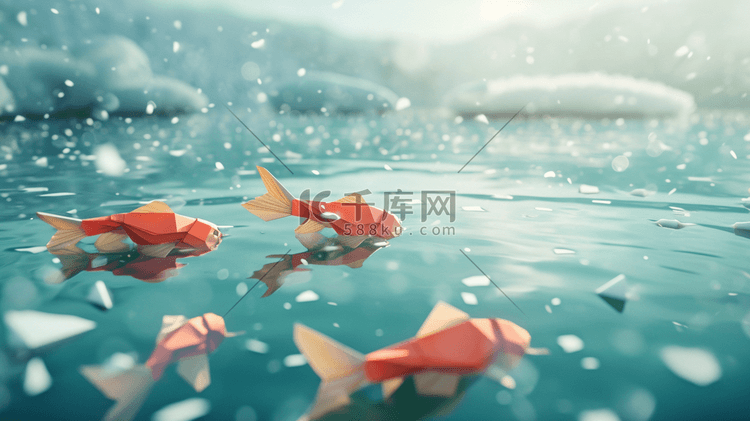 冬季雪景鱼塘里小鱼快活的游动的插画6
