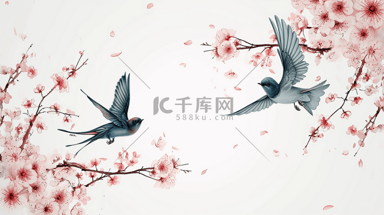 春天手绘桃树枝上燕子飞舞的插画3