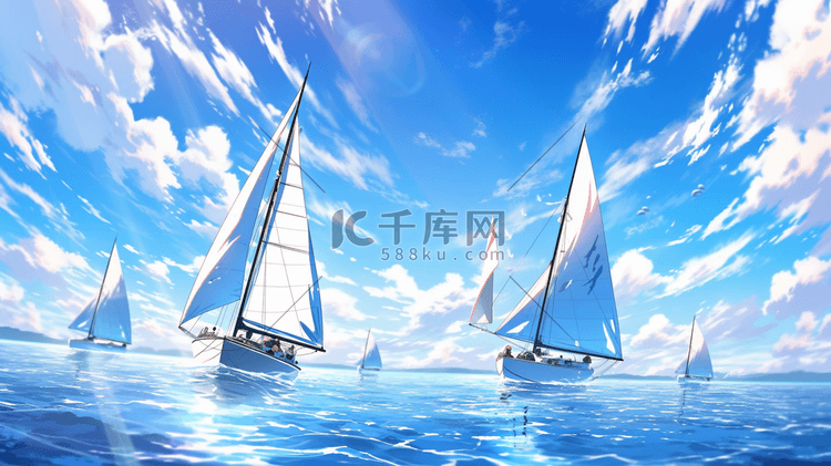 手绘蓝天白云下海上帆船的插画6