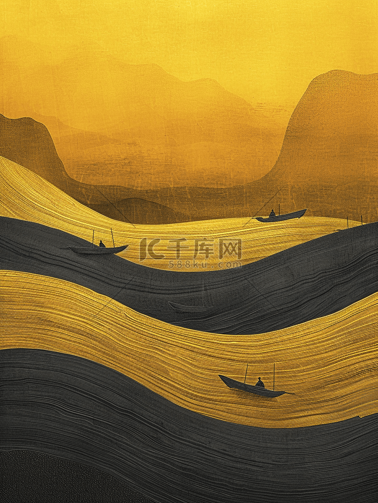 中国风河中的一叶扁舟插画12
