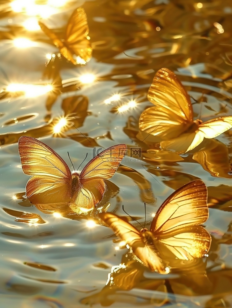 水面上闪闪发光橙色的蝴蝶插画图片