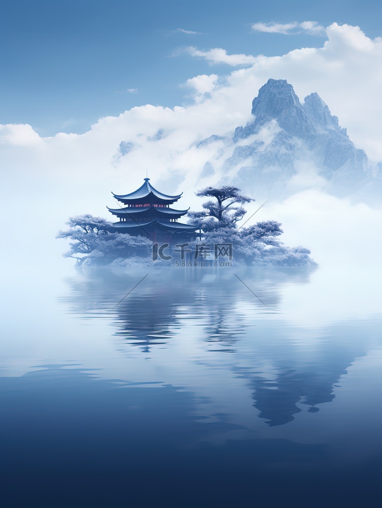 水中山景传统建筑中国风矢量插画