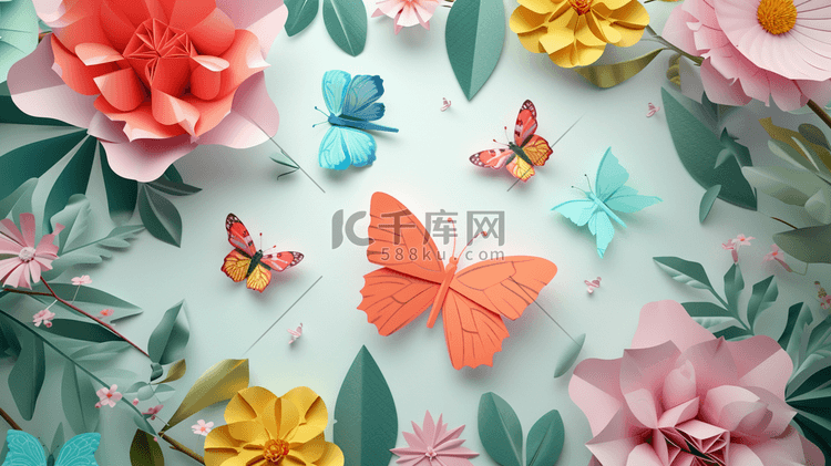 扁平化彩色折纸蝴蝶花朵的插画13
