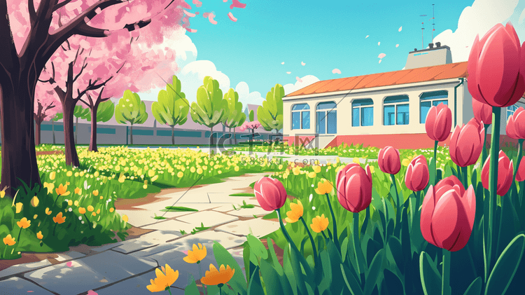 春天校园百花齐放风景插画30