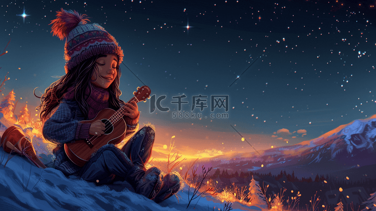 冬季星光下文艺女孩抱着吉他的插画16