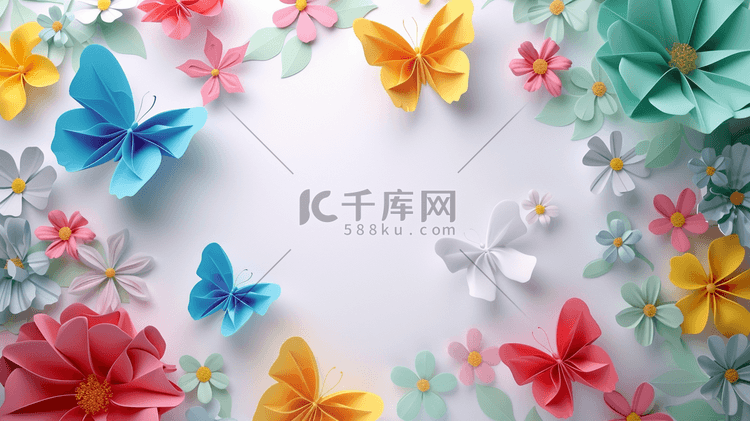 扁平化彩色折纸蝴蝶花朵的插画11